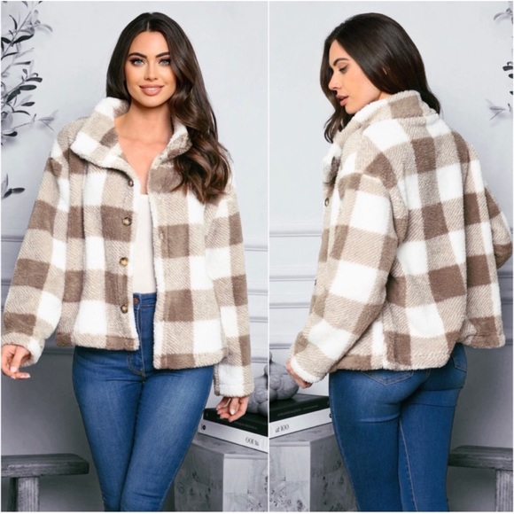 1 LEFT! Plaid Sherpa Beige White Women's Cute Fall Warm Soft Sherpa Coat - Picture 3 of 4